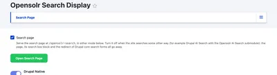 The Search page checkbox at the top of the Search Page tab, which turns the Opensolr search page on or off
