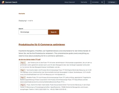 Drupal AI Search for Stromzange on the German site: a German article with the matching pages of the German Fluke 771 PDF