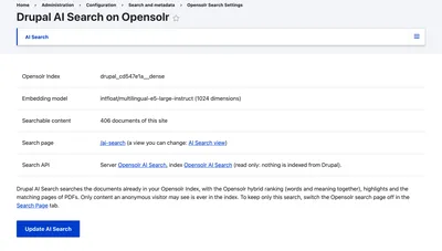 The AI Search tab of Opensolr Search: the Opensolr Index, the embedding model, how many documents of the site it can search, the search page and the Update AI Search button