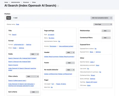 The AI Search view in the Views editor: the page at /ai-search, the fields Opensolr URL, Opensolr title, Excerpt and Opensolr matching pages, the fulltext search filter and the language filter