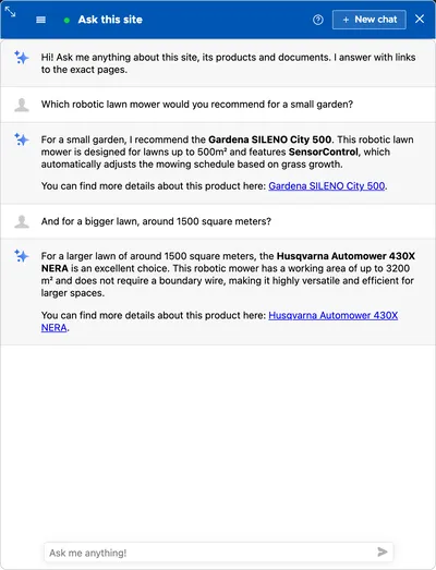 The Ask this site chatbot recommending the Gardena SILENO City 500 for a small garden and the Husqvarna Automower 430X NERA for a 1500 square meter lawn, each with a link to its product page