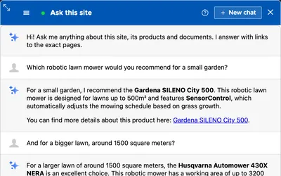 The Ask this site chatbot recommending a robotic mower for a small garden and another for a 1500 square meter lawn, each linked to its product page