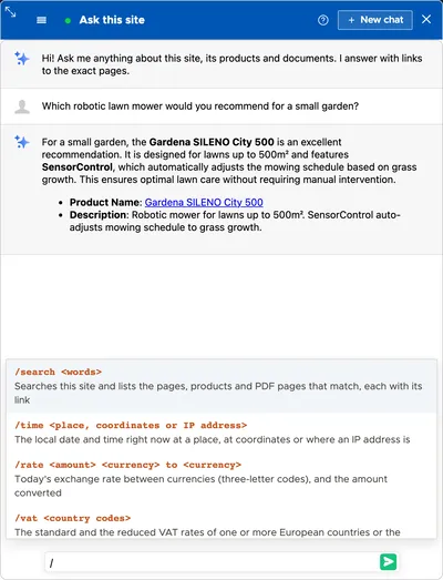 Typing a slash in the message box opens the list of commands above it, each with what it does