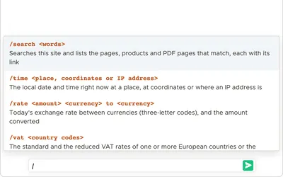 Typing a slash in the message box lists the commands, each with what it does