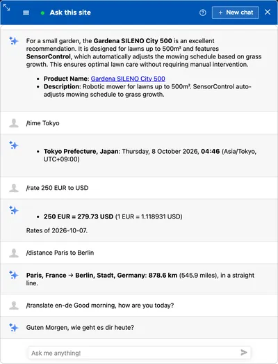 Commands answered in the chat: the local time in Tokyo, 250 EUR in USD at the day's rate, the distance from Paris to Berlin, and a translation into German