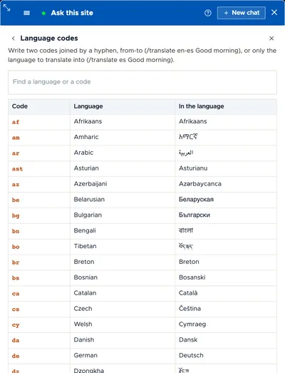 The table of language codes in the chat: each code with the language's name in English and in the language itself, and a search box