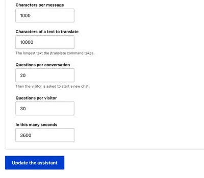 The limits on the Assistant tab of Opensolr Search: characters per message, characters of a text to translate, questions per conversation and questions per visitor