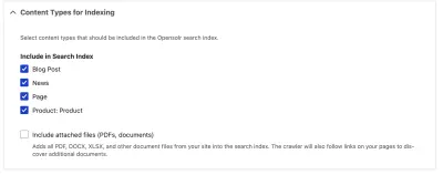 Content Types for Indexing section showing checkboxes for Blog Post, News, Page, and Product types, plus Include attached files option