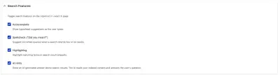 Search Features section with checkboxes for Autocomplete, Spellcheck, Highlighting, and AI Hints