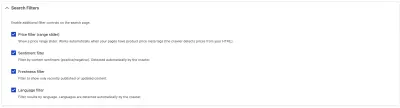 Search Filters section with checkboxes for Price filter, Sentiment filter, Freshness filter, and Language filter