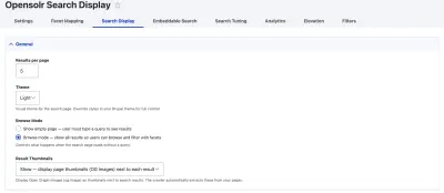 Search Display General section with Results per page, Theme dropdown, Browse Mode radio buttons, and Result Thumbnails toggle