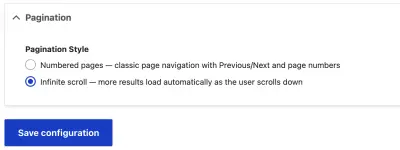 Pagination section with radio buttons for Numbered pages and Infinite scroll, plus Save configuration button