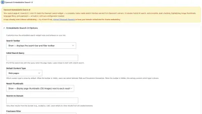 Embeddable Search UI mode showing options for Search Toolbar, Initial Search Query, Default Content Type, Result Thumbnails, and Restrict to Domain