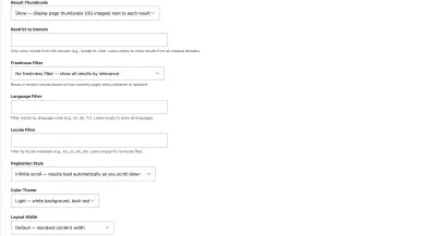 Additional embeddable options showing Result Thumbnails, Restrict to Domain, Freshness Filter, Language Filter, Locale Filter, Pagination Style, Color Theme, and Layout Width