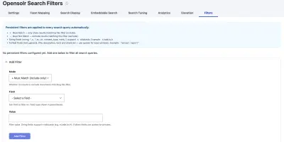 Filters tab showing info box about Include/Exclude modes, Add Filter form with Mode dropdown, Field dropdown, Value input, and Add Filter button