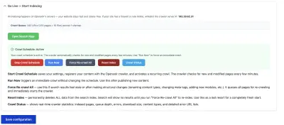 Go Live section with crawl schedule and control buttons