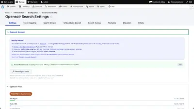 Opensolr Search Settings showing connected account and admin tabs