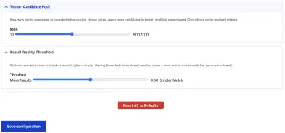 Vector Candidate Pool topK slider, Result Quality Threshold slider from More Results to Stricter Match at 0.50, and red Reset All to Defaults button