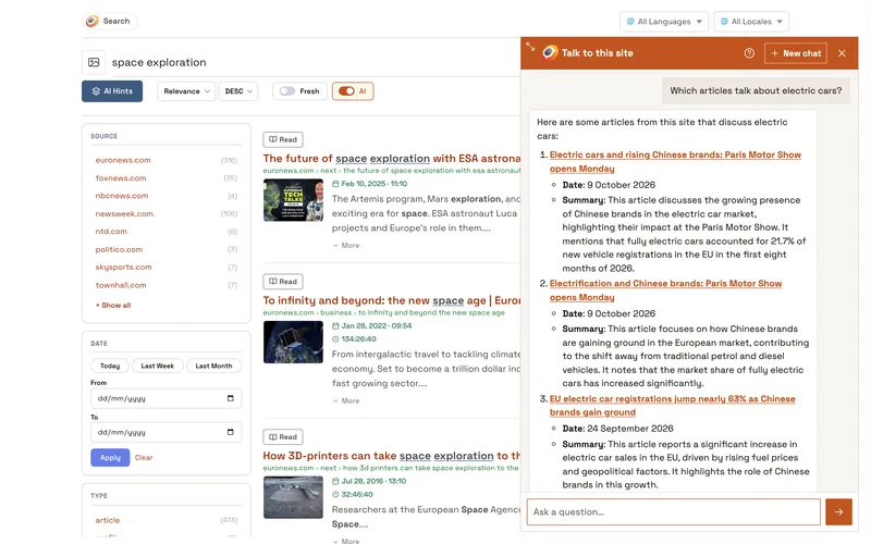 The Opensolr Hosted Chat Bot open on a search page, answering which articles talk about electric cars with a numbered list of linked articles