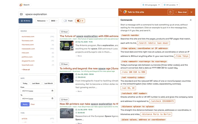 The question mark in the header lists the commands; an example goes straight into the message box.