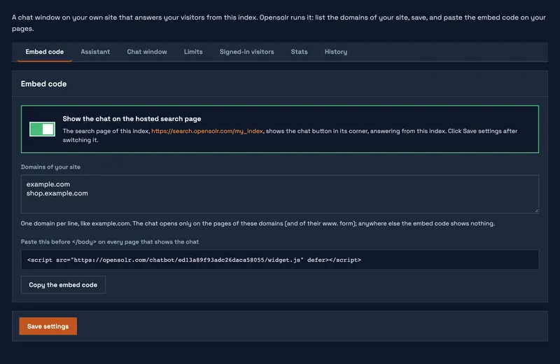 One line to paste, the domains it works on, and the switch that shows the chat on your hosted search page.