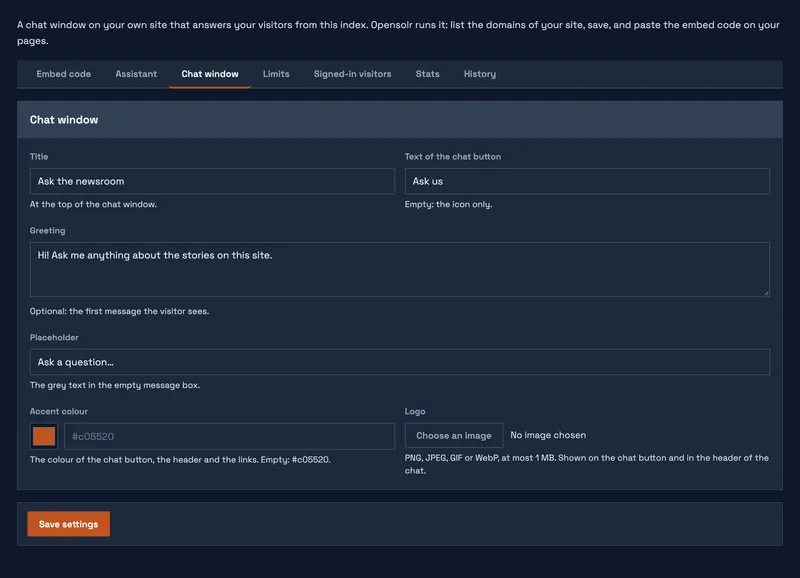 Title, text of the chat button, greeting, placeholder, accent colour and logo.