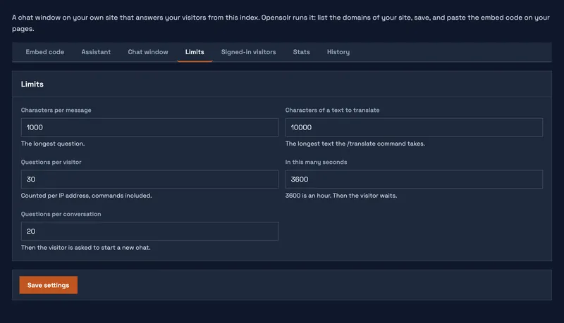 Characters per message, questions per conversation and questions per visitor in a time window.