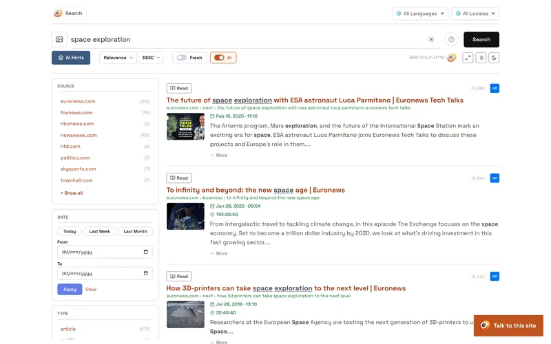 The chat button sits in the corner of every page that carries your embed code, here on a hosted search page.