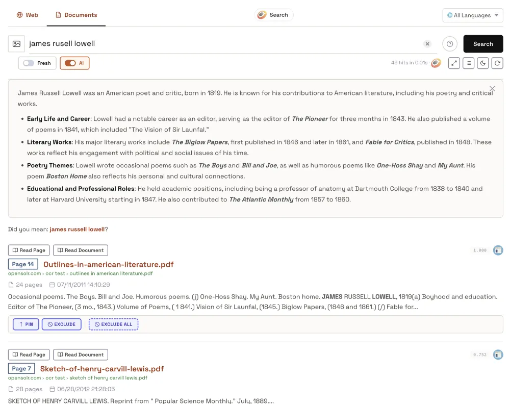 Page results from two different PDFs, each with its Page N link, Read Page and Read Document