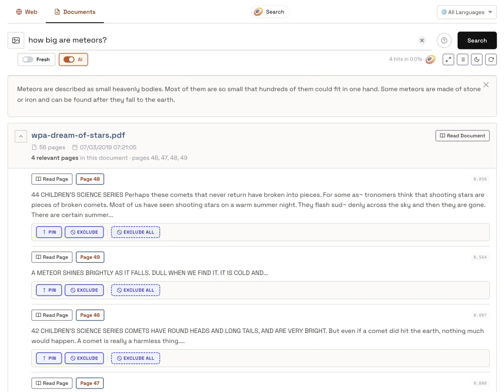 Four matching pages of one PDF grouped under its title, with Read Document, and a Read Page button and Page N link on each page