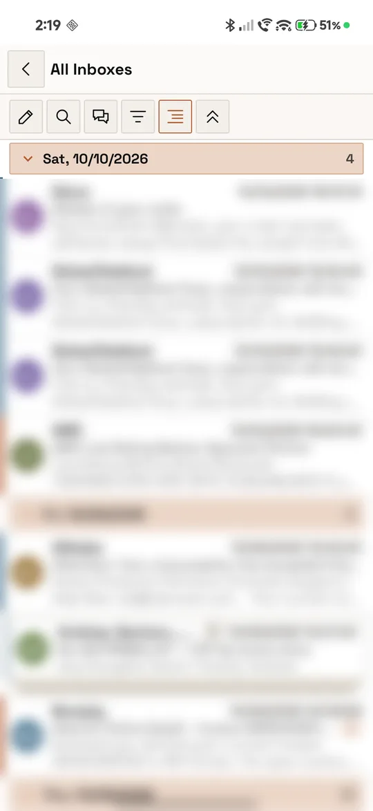 A mailbox list in Opensolr Mail with the row of tools at the top, where the Chat button with two speech bubbles sits next to Search