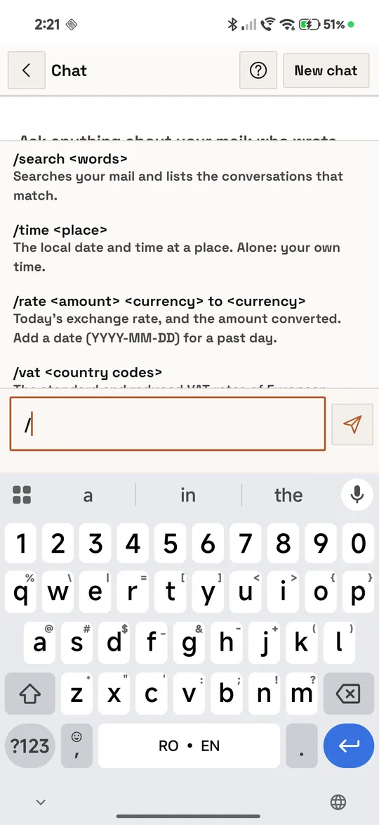 A slash typed in the message box and the list of commands opened above it