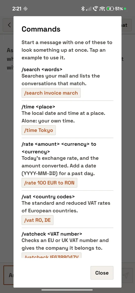 The Commands dialog opened with the question mark button: each command, what it does and an example to tap