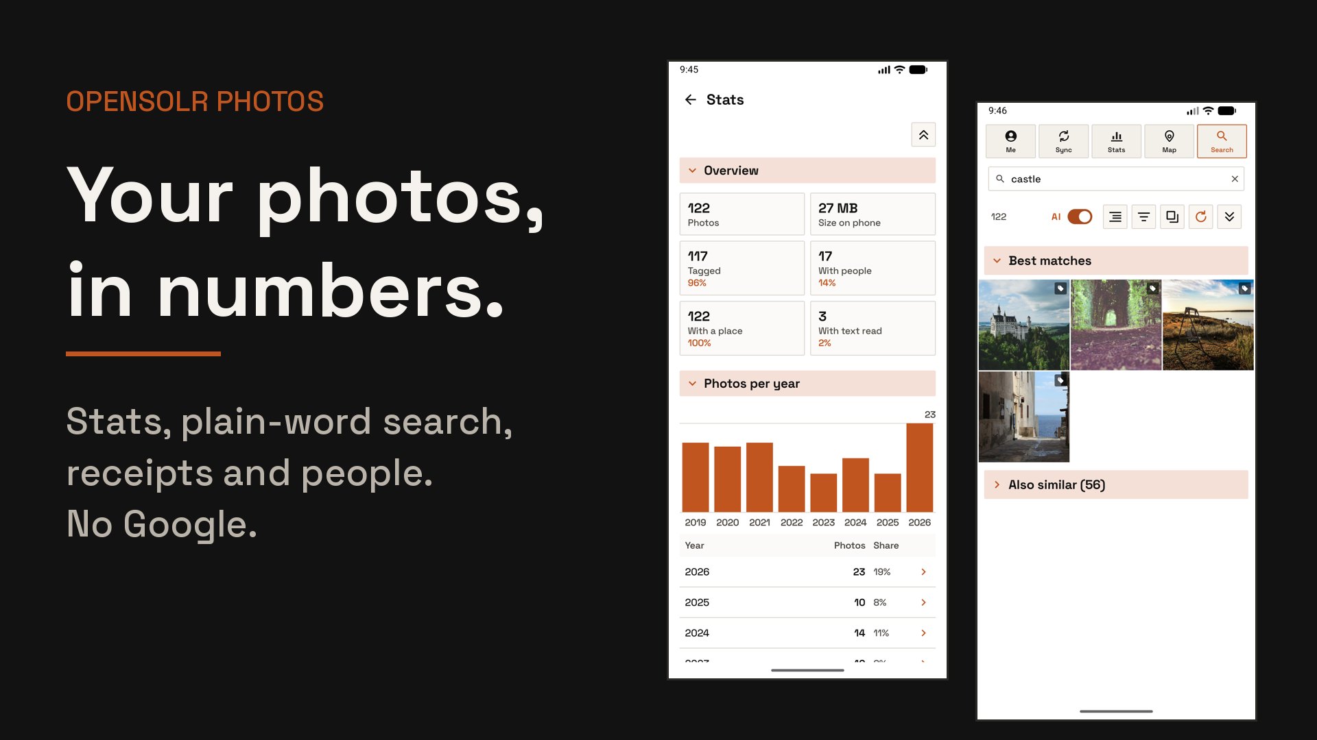 Opensolr Photos: the Stats screen and a search for castle