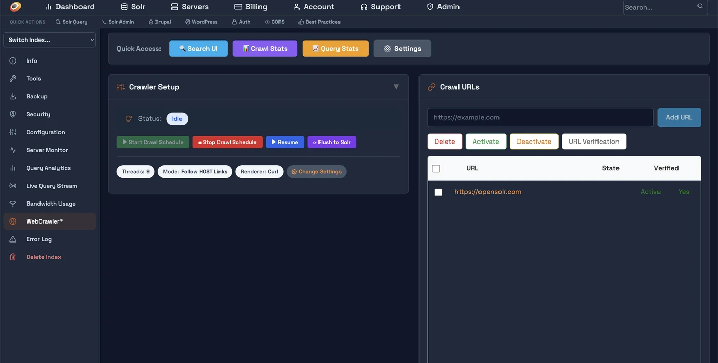 Crawler control panel — add URLs and start crawl