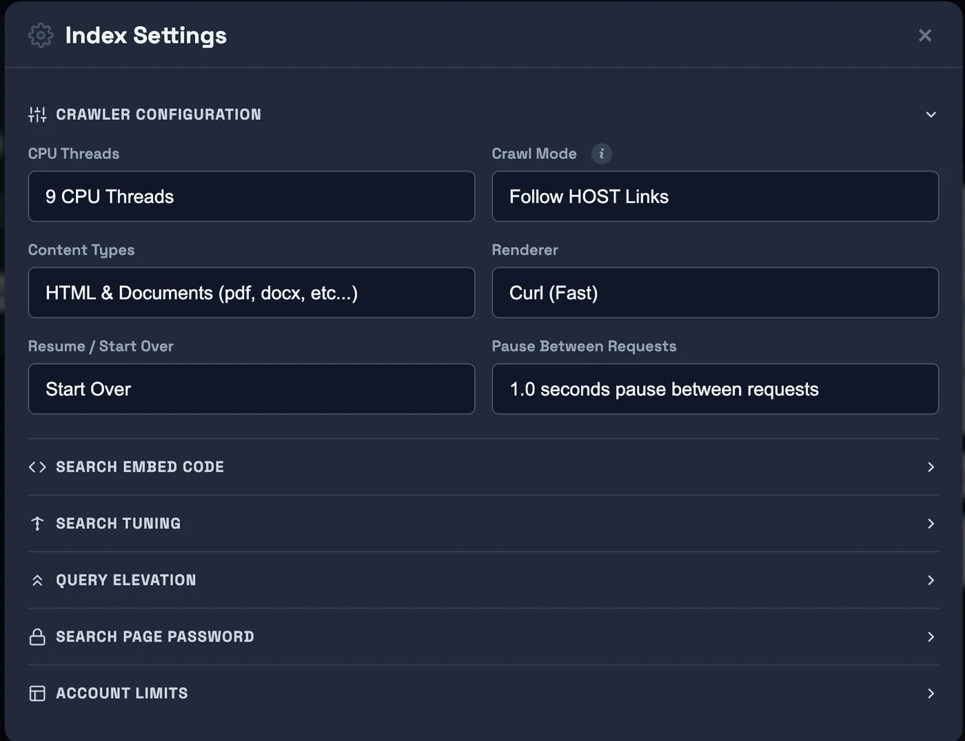 Index Settings — Crawler Configuration