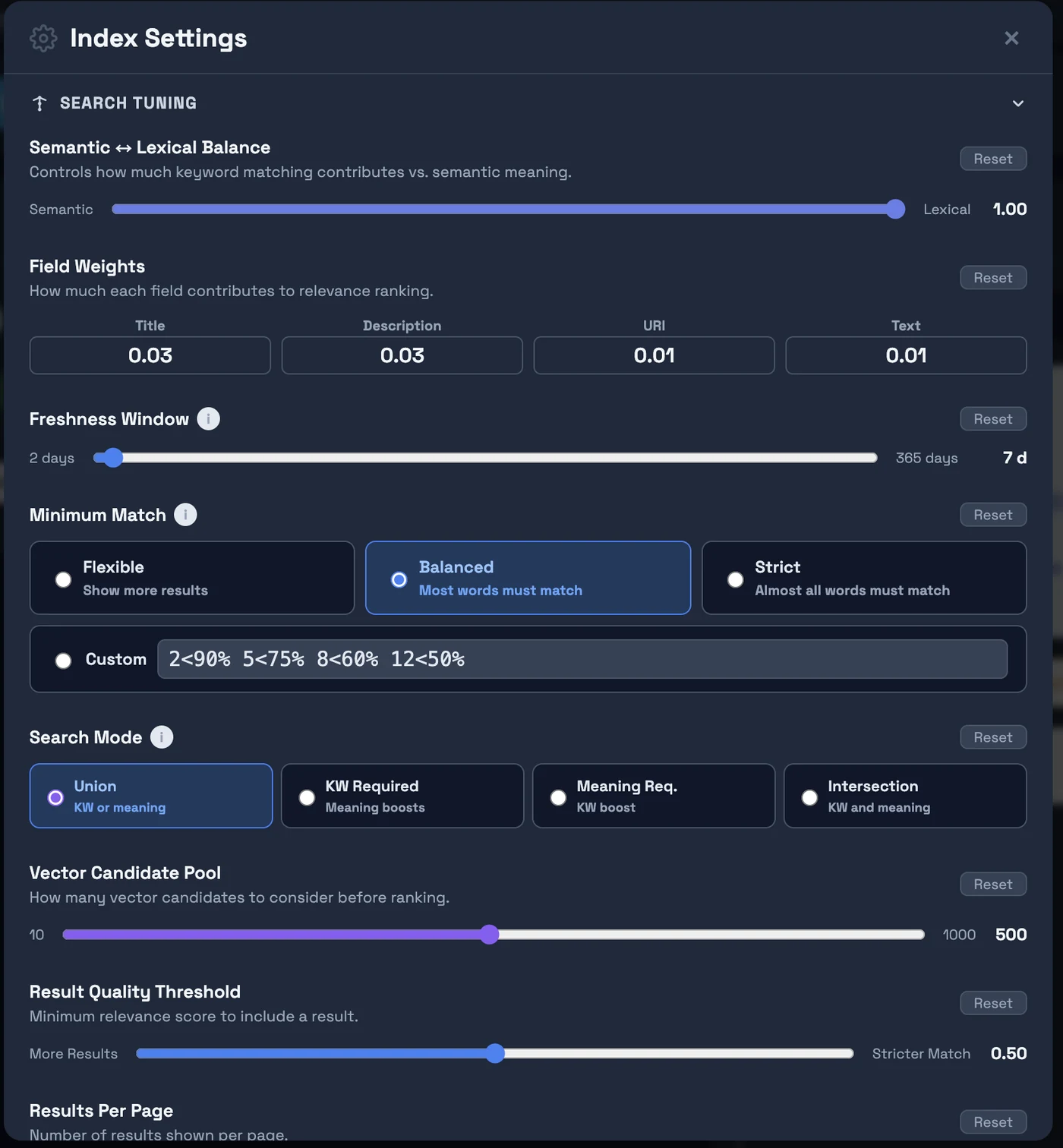 Search Tuning — adjust relevancy, freshness, blend mode