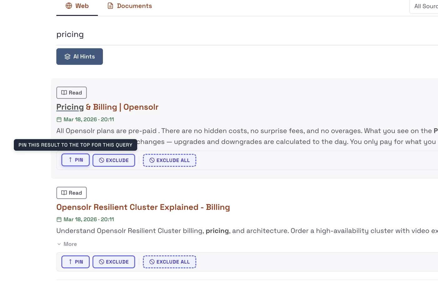 Live search with Query Elevation and AI Hints