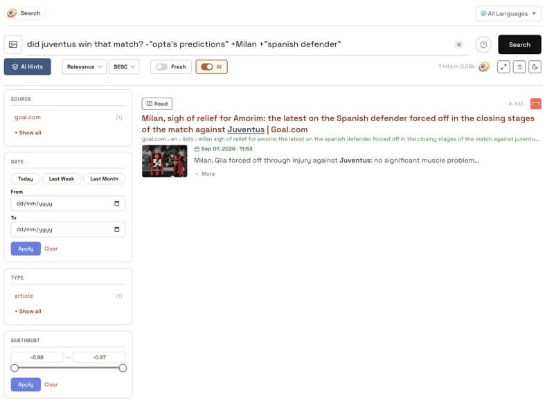 The hosted search page with a question, an excluded phrase, a required word and a required phrase in one query, returning a single article