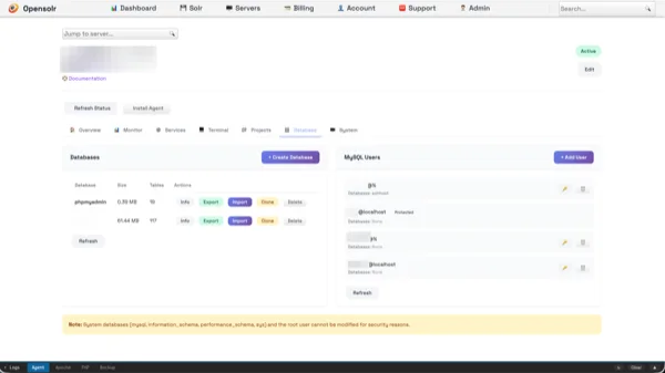 Opensolr Server Database Management
