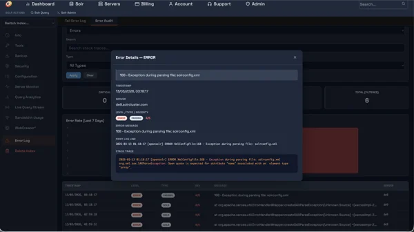 Opensolr Error Details Modal with Stack Trace