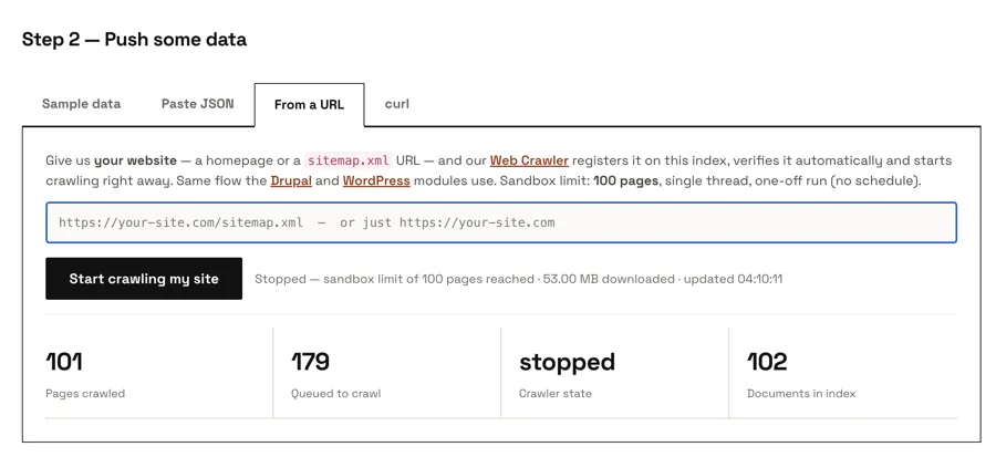 The live sandbox: point the web crawler at a site and watch it index.