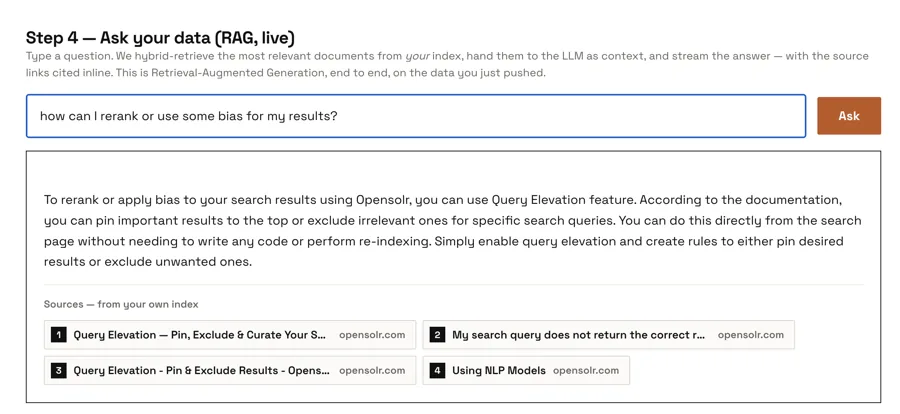 RAG, live: ask your data, answered by an LLM with sources from your own index.