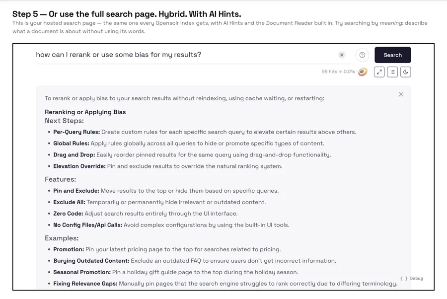 AI Hints on a hosted search page: hybrid search plus grounded answers, on the page your visitors already use.