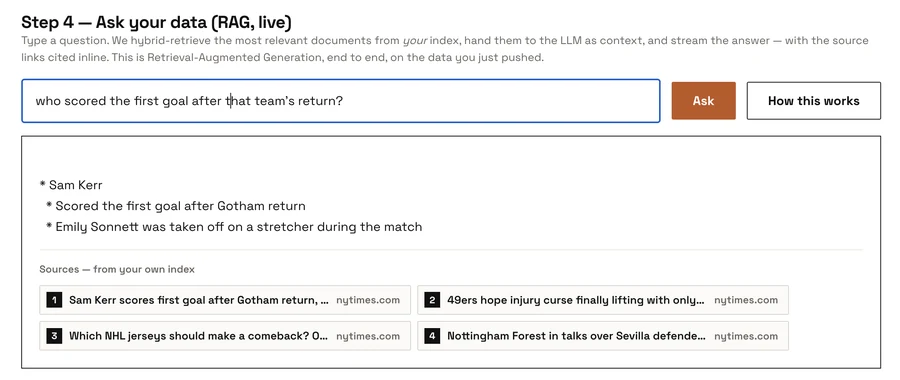 Ask anything of your own data. A who/what question answered as a short list extracted from your indexed documents.