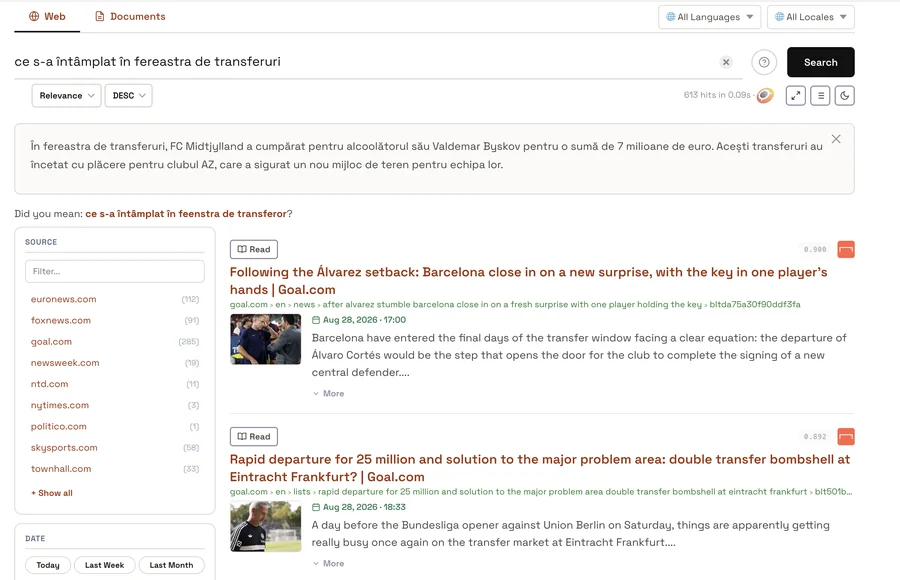 Ask in any language. A Romanian question over an index of English news, answered in Romanian. Nothing was configured for this.