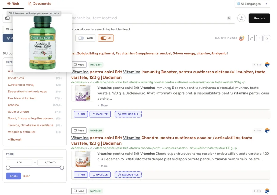 An English supplement label searched against a Romanian catalogue. The photo is in English, the products come back in Romanian.