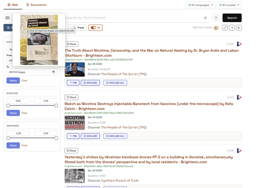 A photo of a cigarette pack instead of a query. The picture becomes the search, and the videos about nicotine come back, filtered by duration if you like.