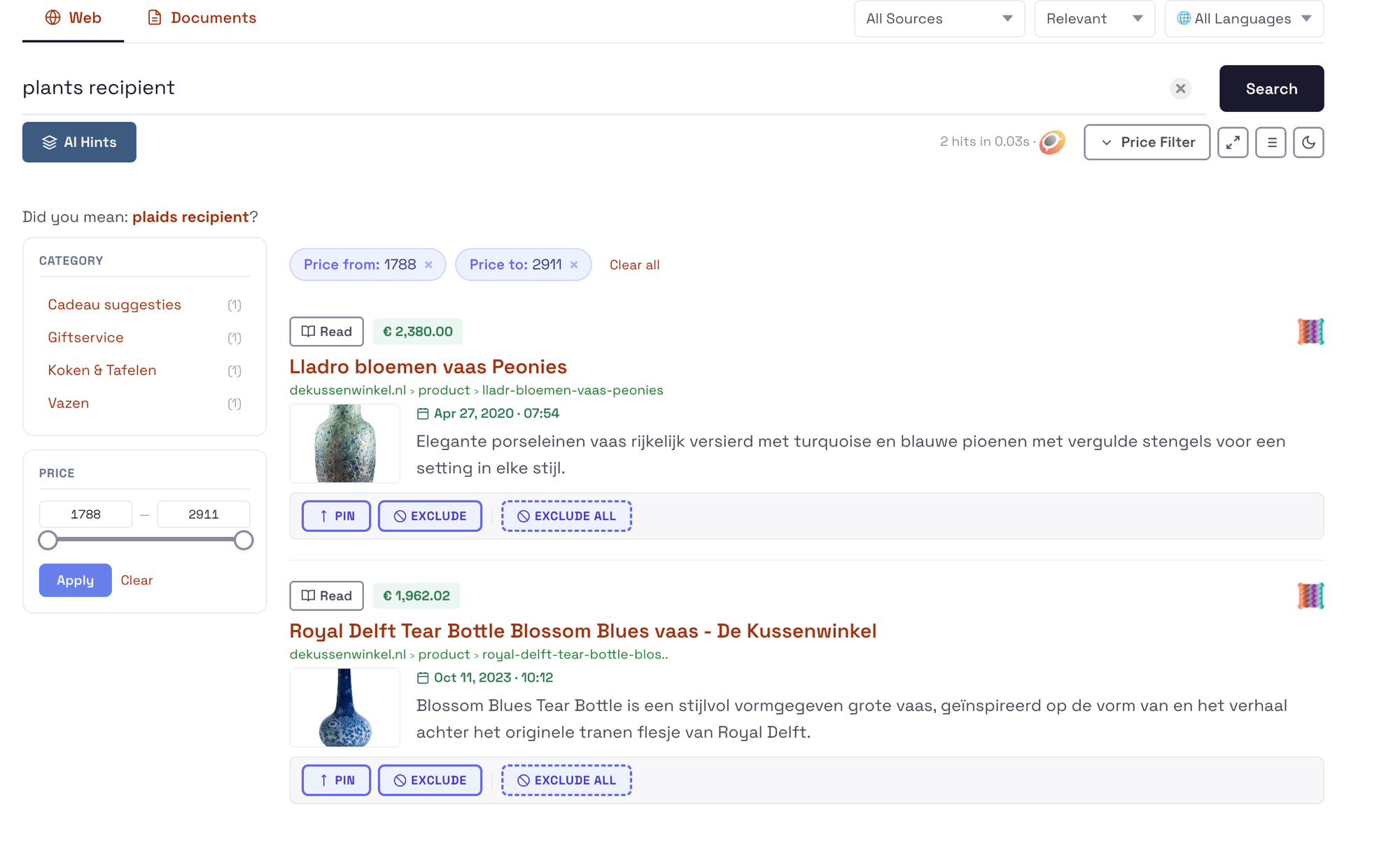 Vector search with facets and price slider — searching 'plants recipient' finds vases and giftware semantically