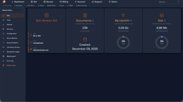 Connect & Deploy — Your Opensolr Index Control Panel